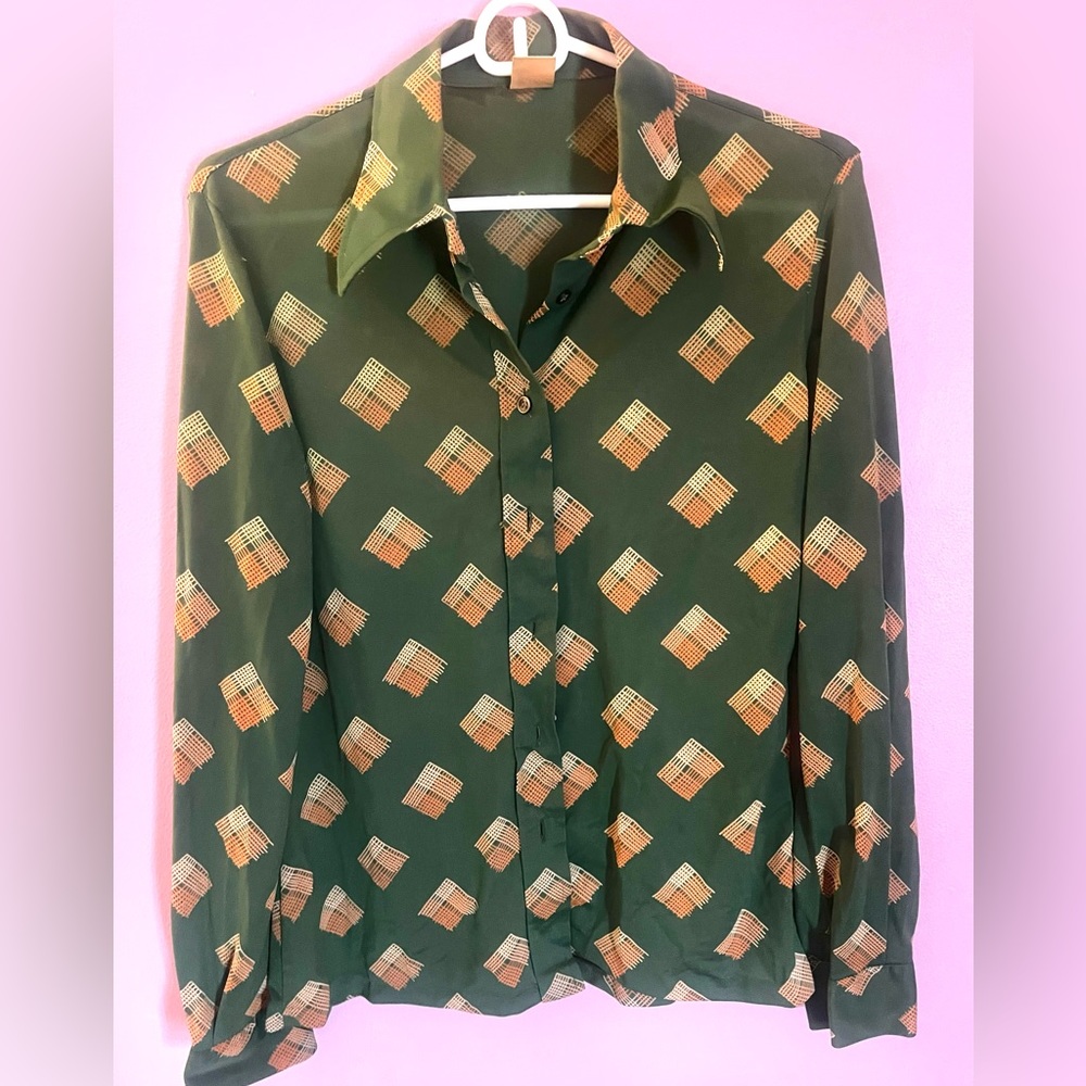 Italian Vintage Womens Polyester Button Down Blouse Semi Shear Disco Pattern S/M
